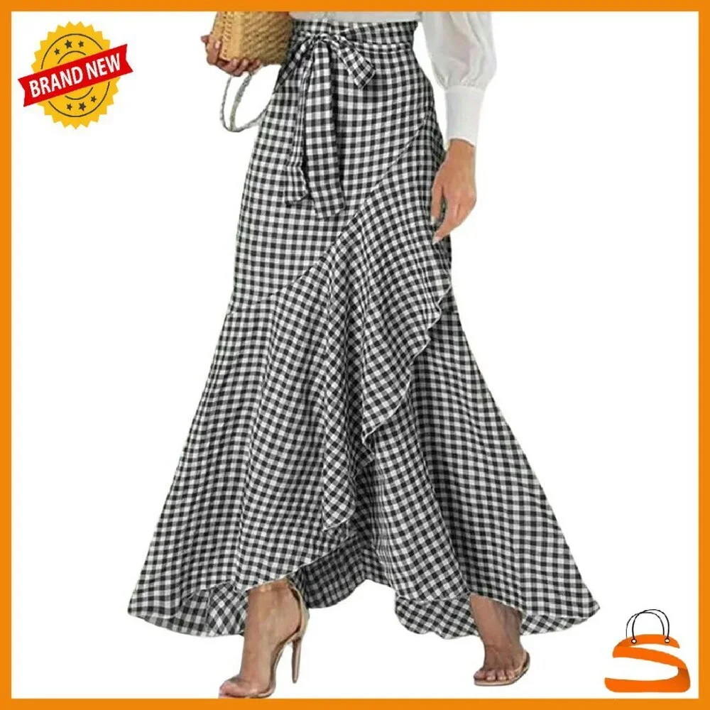 Women's Plaid Mermaid Maxi Skirt A-Line Ruffle Hem Casual Long Skirt - Picture 1 of 3